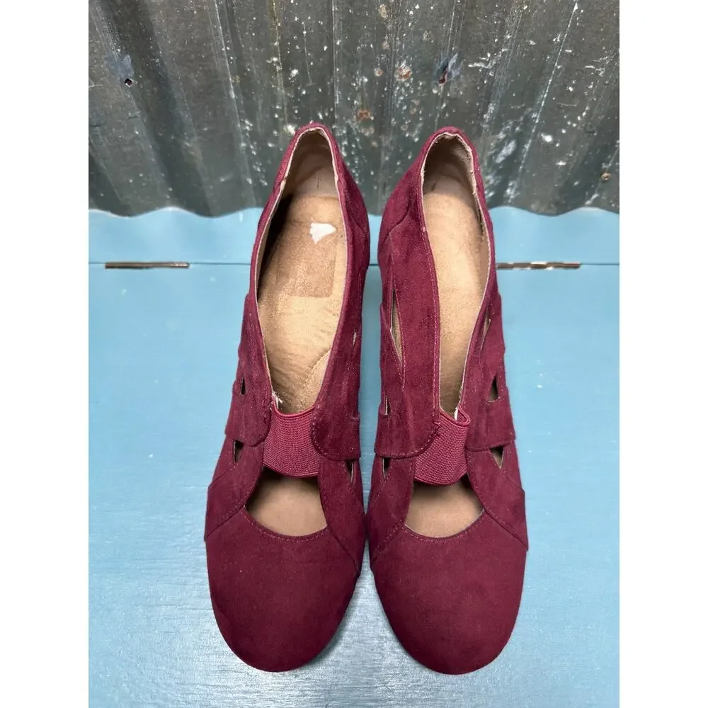 Aerosoles Rigmarole Burgundy Faux Suede Cutout Block Heel Pumps Womens 9M Retro